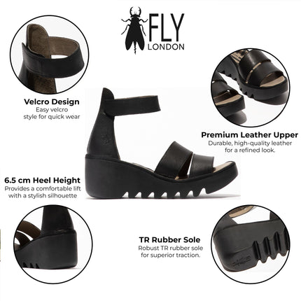 Fly London Women's Bono290Fly Black Mousse Leather Wedge Sandals