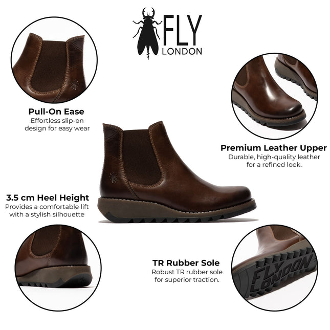 Fly London Womens Brown Salv Chelsea Leather Ankle Casual Wedge Heel Boots