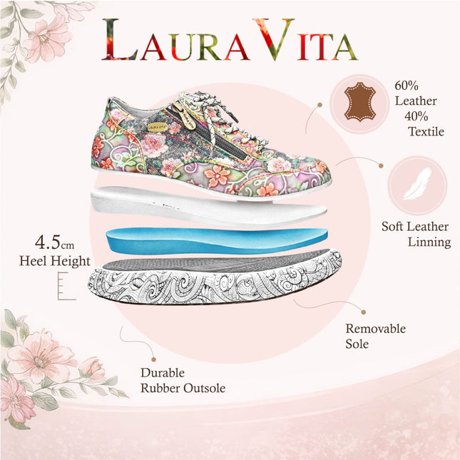 Laura Vita Women's Nikito 62 Grey Floral Leather Trainers Platform Sneaker Shoes