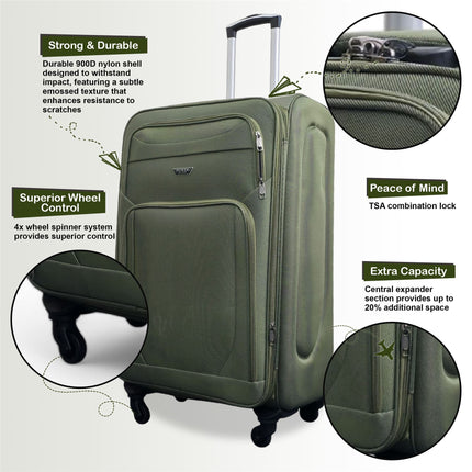 Soft Shell Lightweight Nylon Suitcase Set 4 Wheel Travel Case Holiday Bags