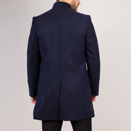 Men's Navy Stand Collar Wool Blend Overcoat