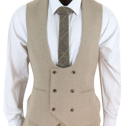 Mens Tweed 3 Piece Beige Formal Wedding Suit