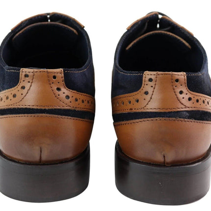 Mens Retro Oxford Navy Suede Brogue Shoes In Tan Leather