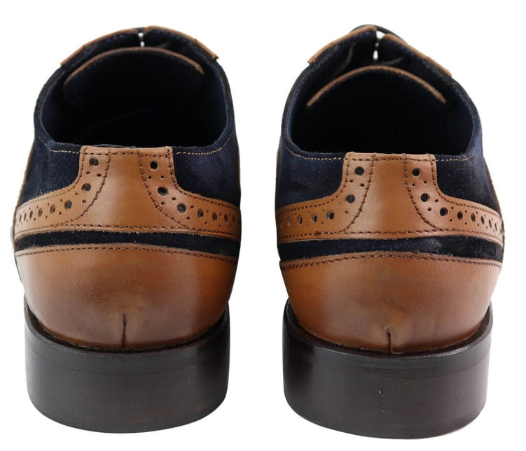 Mens Retro Oxford Navy Suede Brogue Shoes In Tan Leather