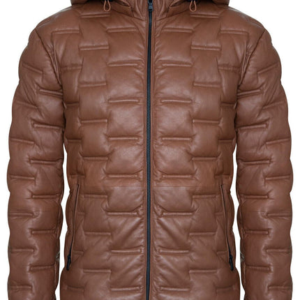 Men's Hooded Puffer Quilted Bomber Leather Jacket - Belém
