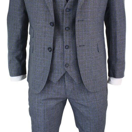 Mens 3 Piece Grey Blue Check Vintage Retro Suit