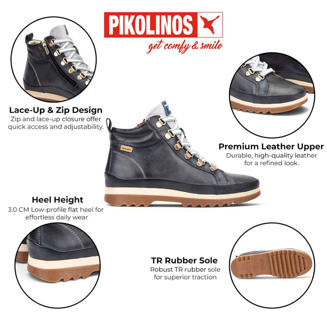 Pikolinos Women's Blue Leather Trainers Sneaker Winter Lace-up Boots - Vigo