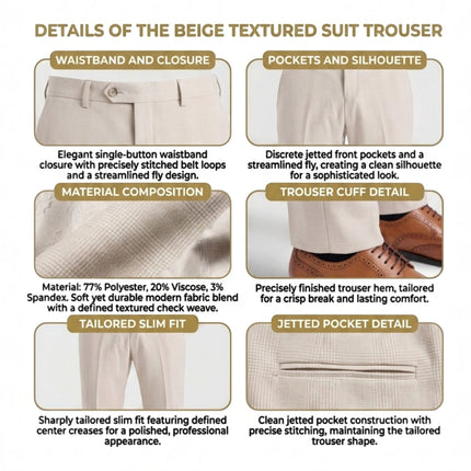 Mens Cream Check Tailored Trousers Formal Pants - Regent