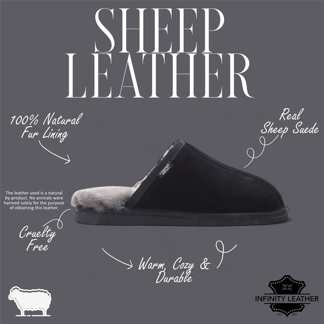 Men's Genuine Sheepskin Black Suede Mule Winter Warm Non-Slip - Highland