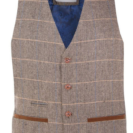 Marc Darcy Mens Tan Brown Tweed Waistcoat Peaky Blinders Check Wool Herringbone