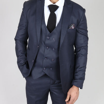 Mens IM1 Double Brusted Plain Navy 3 Piece Suit