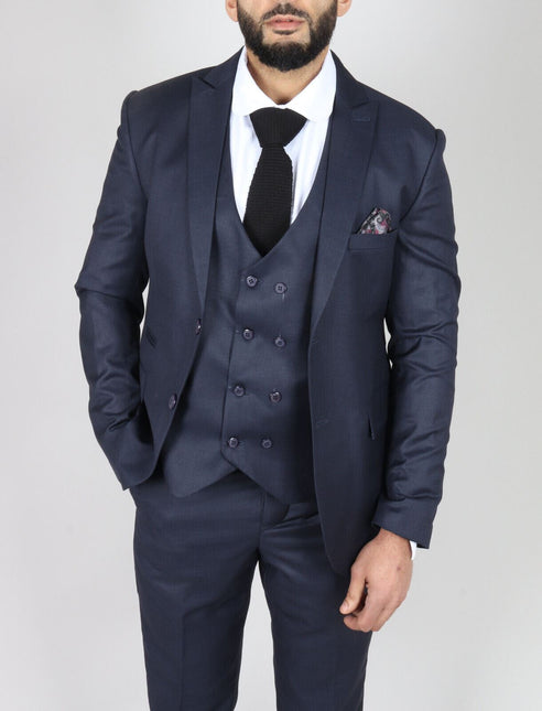 Mens IM1 Double Brusted Plain Navy 3 Piece Suit