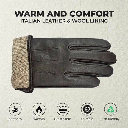 Men’s Brown Italian Leather Warm Wool Lining Winter Gloves - M-LGV-305