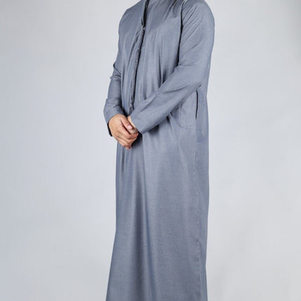 Men's Grey Thobe Emirati Islamic Jubba Robe Eid Tassel Slim Fit