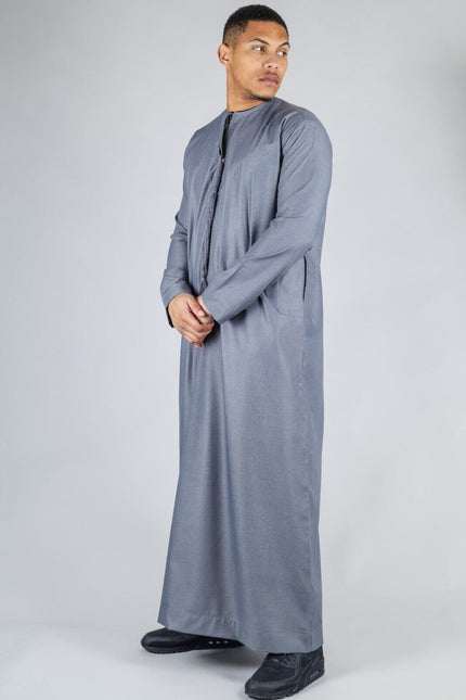 Men's Grey Thobe Emirati Islamic Jubba Robe Eid Tassel Slim Fit