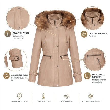 Womens Beige Warm Leather Hooded Parka Jacket-Northwich