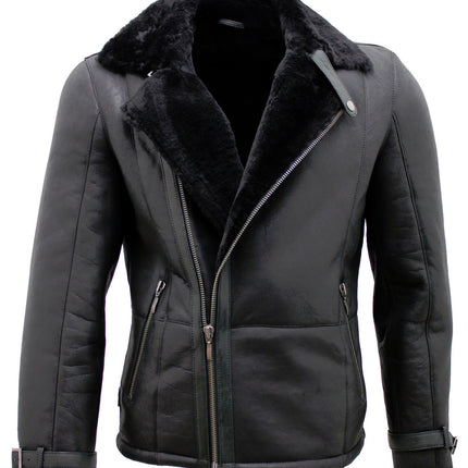 Mens Double Breasted Sheepskin Leather Biker Jacket-Manila