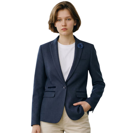 Women's Navy Check Wool Blend Herringbone Tweed Tailored Blazer - Caridi