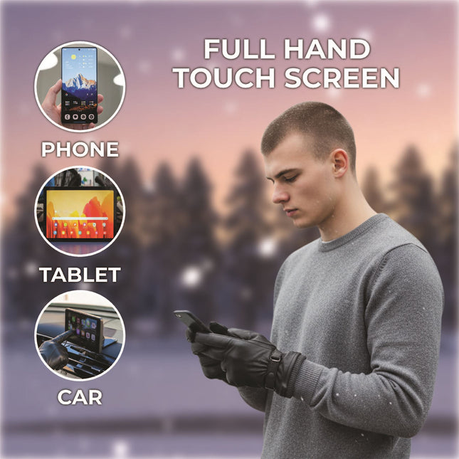 Men’s Black Italian Leather Warm Wool Lining Winter Knit Rib Gloves - M-LGV-105