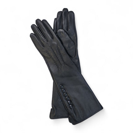Womens Long Black Italian Leather Winter Button Design Soft Wool Lining Gloves - L-GLV-201