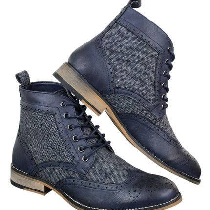 Mens Classic Tweed Oxford Ankle Boots In Navy Leather