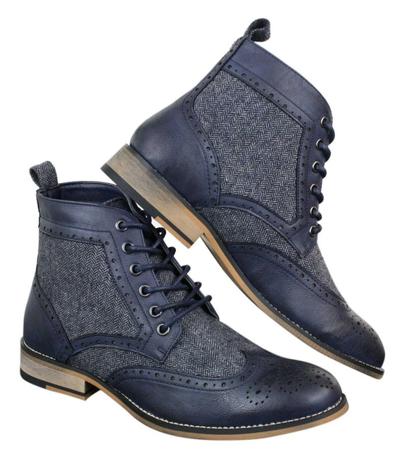 Mens Classic Tweed Oxford Ankle Boots In Navy Leather