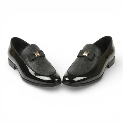 Mens Navy Blue Textured Front Iconic Buckle Bow Loafers Shoes