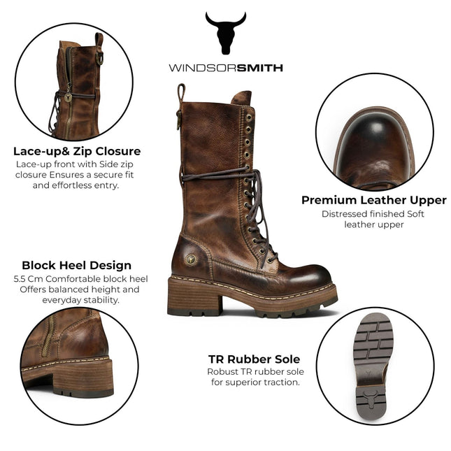 Windsorsmith Women's Brown Leather Lace-up Long Combat Boots - Roam