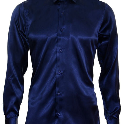 Mens Blue Satin Silk Shirt Smart Casual Button Down Cuff Tailored Fit