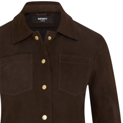 Womens Brown Leather Shacket Collar Jacket - Lofar