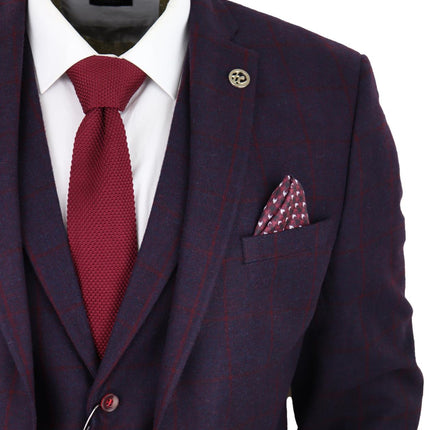 Mens 3 Piece Tweed Suit Plum Purple Check Peaky Blinders Classic 1920 Gatsby