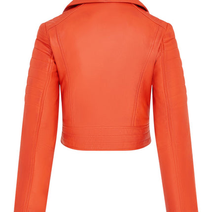 Womens Orange Cropped Brando Leather Biker Jacket-Longtown