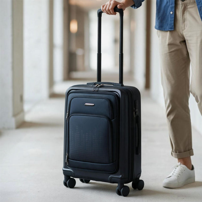 Hybrid ABS+PU Black Cabin Suitcase 57x37x25cm 8 Wheel Front Pocket Luggage