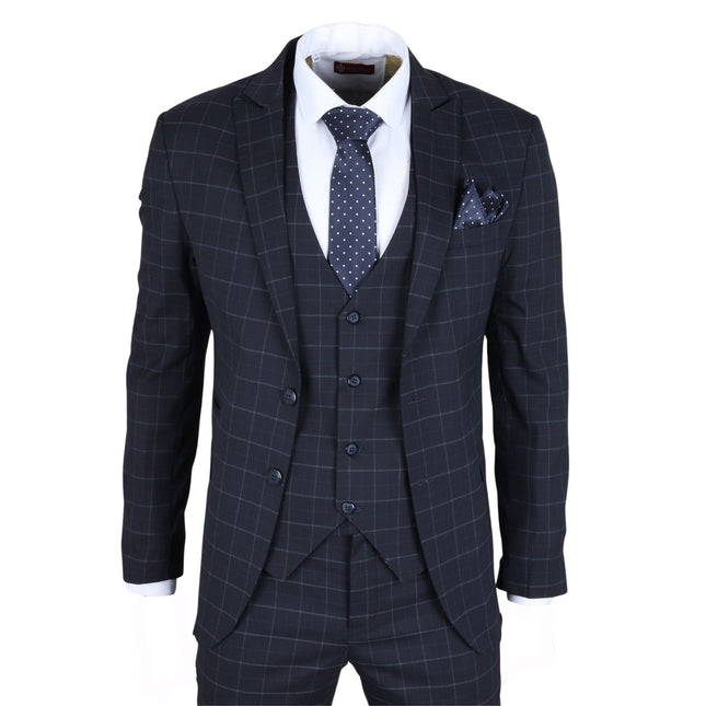 Men's Navy Checked 3 Piece Suit Tailored Fit