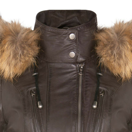 Womens Slim Fit Leather Hooded Parka Jacket-Northam