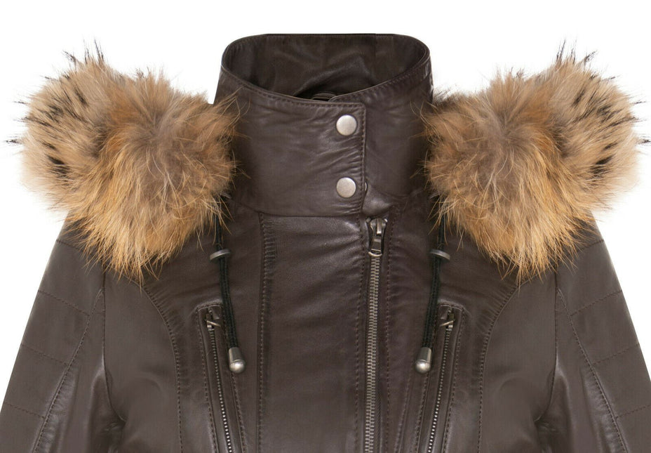 Womens Slim Fit Leather Hooded Parka Jacket-Northam