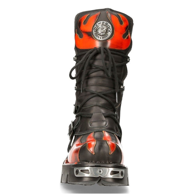 New Rock Flame Accented Black/Red Leather Boots - 591-S1