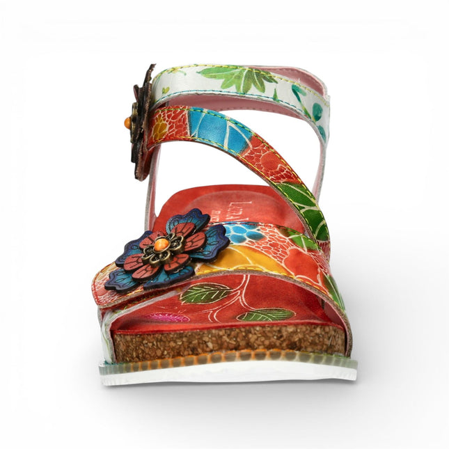 Laura Vita Women's Bonito 32 Orange Floral Leather Wedge Espadrille Sandals