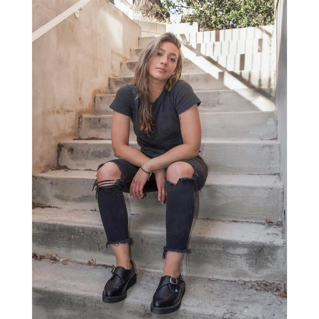 TUK Pointed Creeper Black Leather Monk Buckle Platform Shoes - A8520