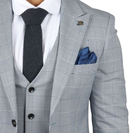Men's Blue Checked 3 Piece Suit Tailored Fit Suit Formal Wedding
