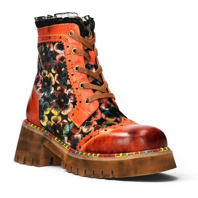 Laura Vita Women's Gothic Floral Orange Leather Combat Boots - Oyao-11