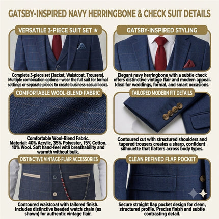 Men's Navy Blue Tweed 3 Piece Wool Blend Formal Suit - TP-32