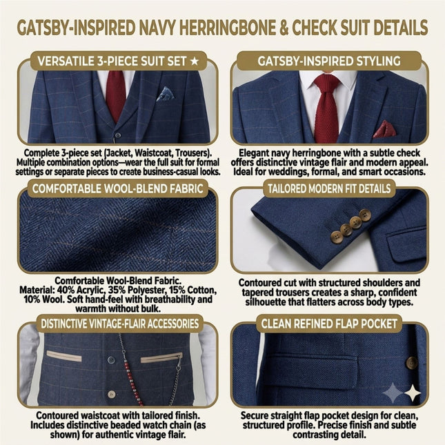 Men's Navy Blue Tweed 3 Piece Wool Blend Formal Suit - TP-32