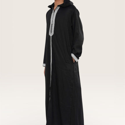 Kids Boys Black Eid Hooded Moroccan Thobe Robe Djellaba Ramadan Jubba- K-HM3