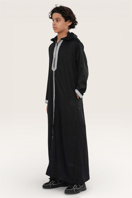 Kids Boys Black Eid Hooded Moroccan Thobe Robe Djellaba Ramadan Jubba- K-HM3