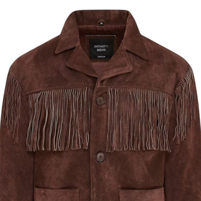 Men's Retro Brown Cowboy Suede Leather Fringe Jacket - Western
