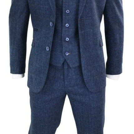 Mens 3 Piece Navy Blue Tweed Herringbone Vintage Classic Suit