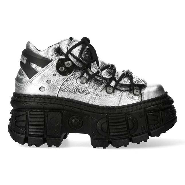 New Rock M-106Wall-C29 Metallic Silver Black Leather Gothic Ankle Boots