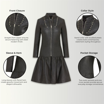 Womens Goth Black Leather Victorian Studded Flare Coat- Ribet
