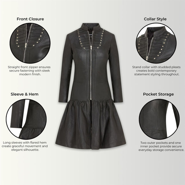Womens Goth Black Leather Victorian Studded Flare Coat- Ribet